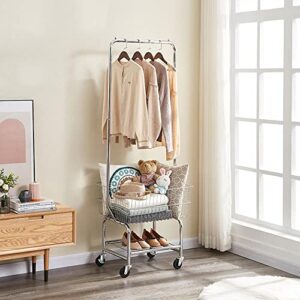 Topeakmart Wire Commercial Rolling Laundry Cart Bulter Garment Rack,Laundry Butler Storage Rack,w/Hanging Wire Rack Wash Basket/Bag Mesh Collapsible Racks on Wheels