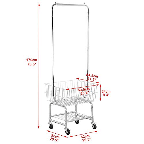 Topeakmart Wire Commercial Rolling Laundry Cart Bulter Garment Rack,Laundry Butler Storage Rack,w/Hanging Wire Rack Wash Basket/Bag Mesh Collapsible Racks on Wheels