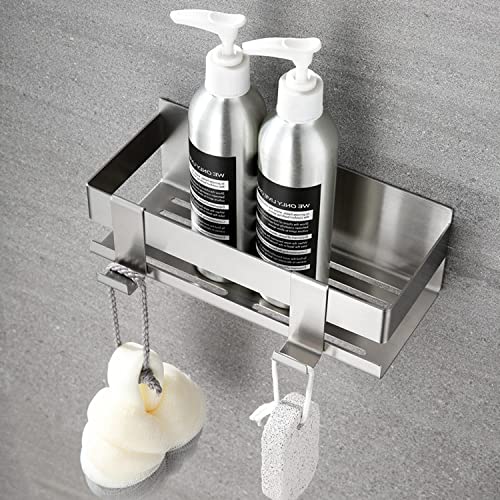 RASHNU Shower Caddy Shelf Wall Mounted SUS304 Small, Self Adhesive Organizer for Bathroom/Toilet/Kitchen, Floating Shelves with 2 Removable Hooks, Silver