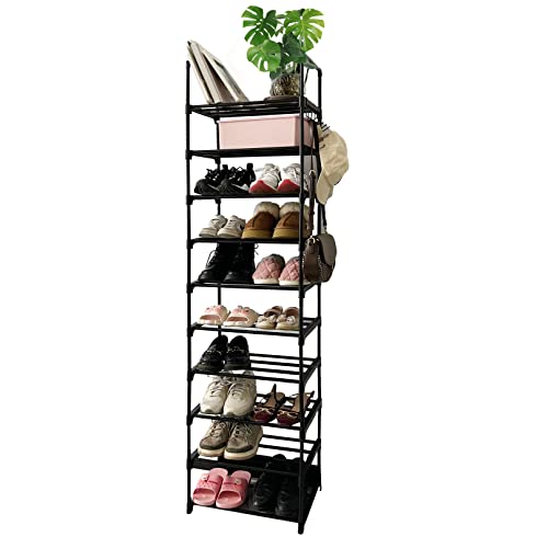 ANJETKON 10 Tier Durable Black Metal with Hooks Skinny Narrow Corner Standing Vertical Shoe Rack Tall Tower for Small Spaces Entryway Closet 20-24 Pairs Shoe and Boots Organizer Storage Shelf