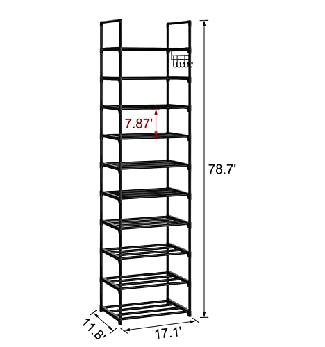 ANJETKON 10 Tier Durable Black Metal with Hooks Skinny Narrow Corner Standing Vertical Shoe Rack Tall Tower for Small Spaces Entryway Closet 20-24 Pairs Shoe and Boots Organizer Storage Shelf