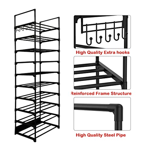 ANJETKON 10 Tier Durable Black Metal with Hooks Skinny Narrow Corner Standing Vertical Shoe Rack Tall Tower for Small Spaces Entryway Closet 20-24 Pairs Shoe and Boots Organizer Storage Shelf