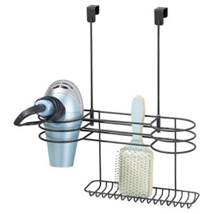 mdesign metal over cabinet door bathroom hair care & styling tool storage organizer hanging basket for hair dryers, flat irons, curling wands, hair straighteners, brushes, combs, accessories - black