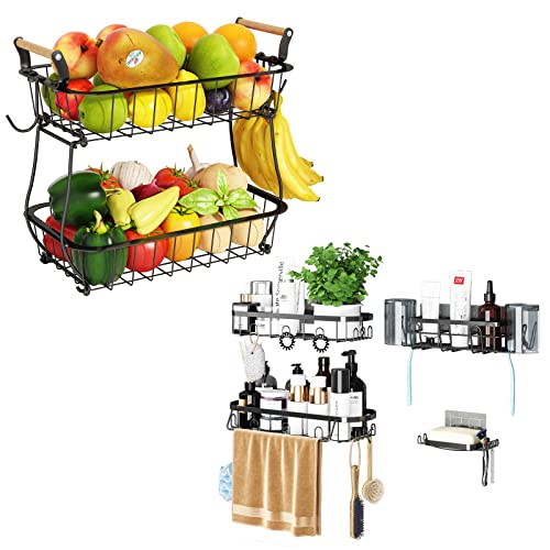 ANTOPY 2 Tier Fruit Basket with 2 Banana Hangers, Countertop Fruit Vegetable Basket Bowl for Kitchen Counter & Shower Caddy Shelf Rack with Soap Dish Toothbrush Holder Shower Organizer 4 Pack