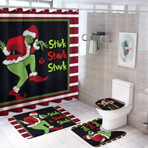 layinusg 4pcs merry christmas shower curtain set with non-slip rugs, toilet lid cover and bath mat, xmas winter holiday bathroom decor with hooks 72 x 72 inches