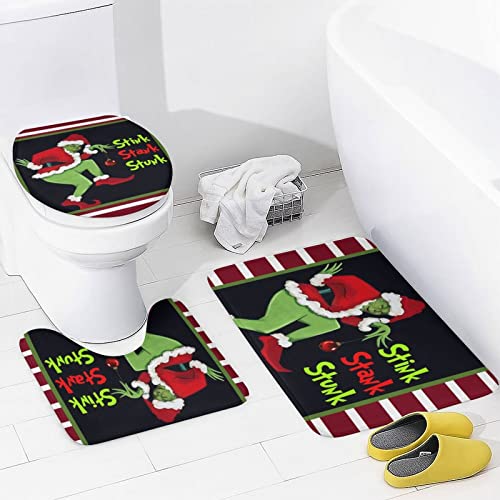 LAYINUSG 4Pcs Merry Christmas Shower Curtain Set with Non-Slip Rugs, Toilet Lid Cover and Bath Mat, Xmas Winter Holiday Bathroom Decor with Hooks 72 x 72 Inches