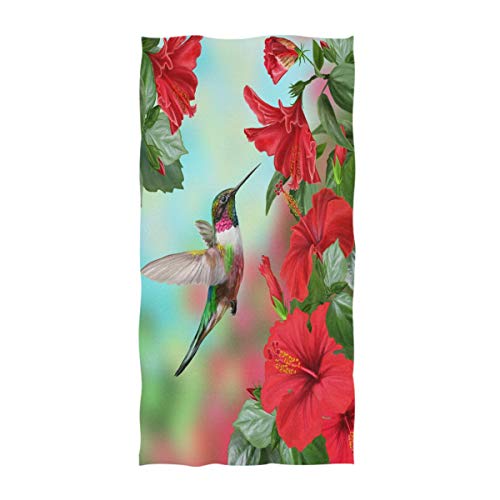 Naanle 3D Beautiful Hummingbird Blossoming Red Hibiscus Flower Print Soft Absorbent Large Hand Towels Multipurpose for Bathroom, Hotel, Gym and Spa (16" x 30")