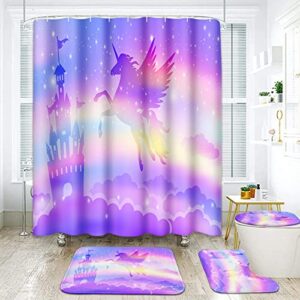 unicorn rainbow castle bathroom sets with shower curtain and rugs and accessories, kids shower curtain sets, girl princess fly horse shower curtains for bathroom, fantasy pink bathroom decor 4 pcs