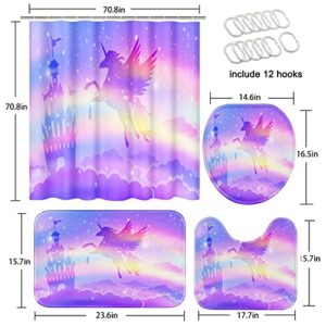 Unicorn Rainbow Castle Bathroom Sets with Shower Curtain and Rugs and Accessories, Kids Shower Curtain Sets, Girl Princess Fly Horse Shower Curtains for Bathroom, Fantasy Pink Bathroom Decor 4 Pcs