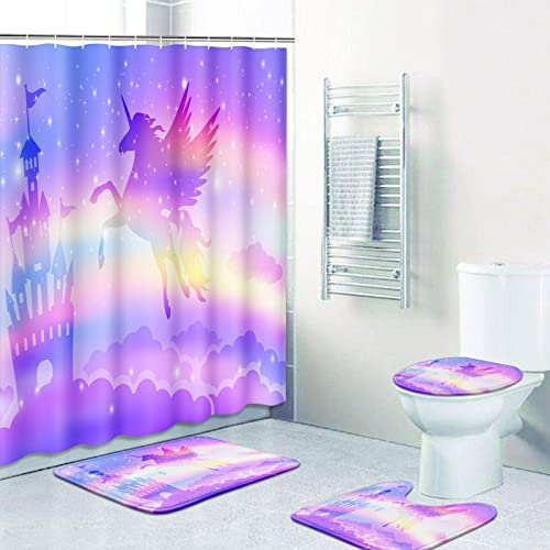 Unicorn Rainbow Castle Bathroom Sets with Shower Curtain and Rugs and Accessories, Kids Shower Curtain Sets, Girl Princess Fly Horse Shower Curtains for Bathroom, Fantasy Pink Bathroom Decor 4 Pcs