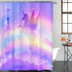 Unicorn Rainbow Castle Bathroom Sets with Shower Curtain and Rugs and Accessories, Kids Shower Curtain Sets, Girl Princess Fly Horse Shower Curtains for Bathroom, Fantasy Pink Bathroom Decor 4 Pcs