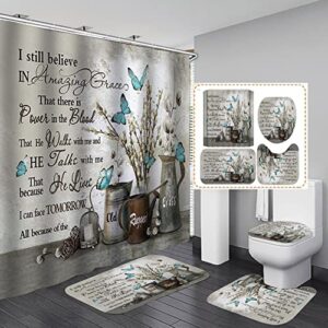 OLEBETY 4PCS/Set Inspirational Quotes Shower Curtain, Blue Butterfly White Cotton Flower Vintage Floral Country Rustic Farmhouse Bathroom Decor, Non-slip Bath Mat, Amazing Grace