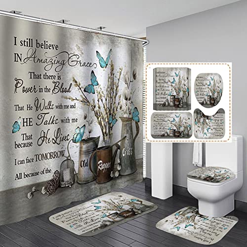 OLEBETY 4PCS/Set Inspirational Quotes Shower Curtain, Blue Butterfly White Cotton Flower Vintage Floral Country Rustic Farmhouse Bathroom Decor, Non-slip Bath Mat, Amazing Grace