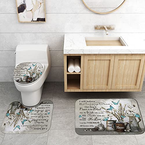 OLEBETY 4PCS/Set Inspirational Quotes Shower Curtain, Blue Butterfly White Cotton Flower Vintage Floral Country Rustic Farmhouse Bathroom Decor, Non-slip Bath Mat, Amazing Grace