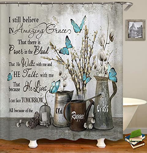 OLEBETY 4PCS/Set Inspirational Quotes Shower Curtain, Blue Butterfly White Cotton Flower Vintage Floral Country Rustic Farmhouse Bathroom Decor, Non-slip Bath Mat, Amazing Grace