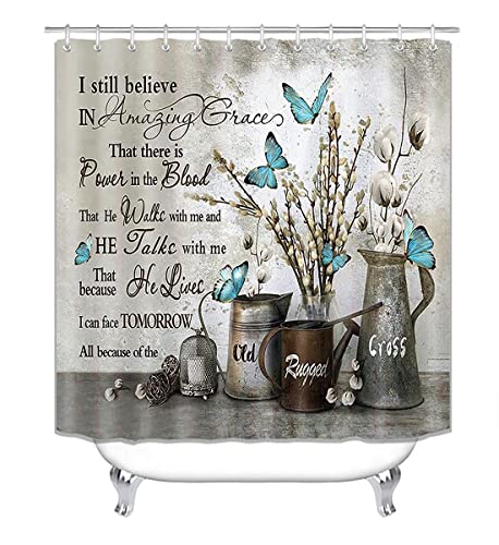 OLEBETY 4PCS/Set Inspirational Quotes Shower Curtain, Blue Butterfly White Cotton Flower Vintage Floral Country Rustic Farmhouse Bathroom Decor, Non-slip Bath Mat, Amazing Grace