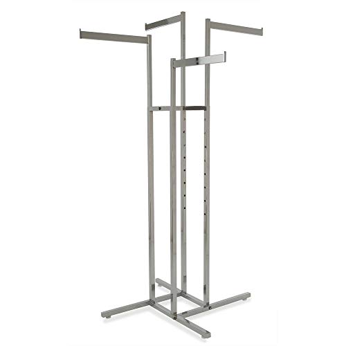 Clothing Rack – Chrome 4 Way Rack, Adjustable Height Blade Arms, Square Tubing, Perfect for Clothing Store Display With 4 Straight Arms