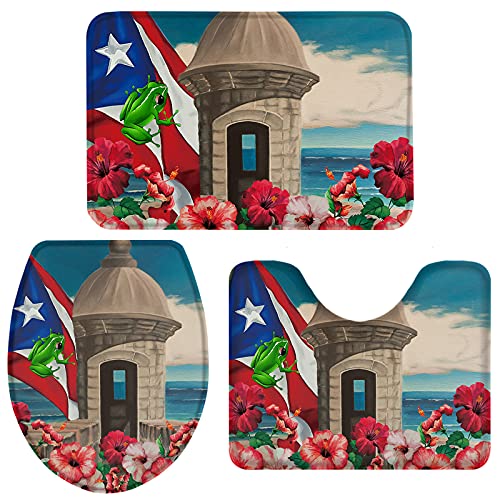 Miss Sweetheart Bath Rugs for Bathroom Set 3 Piece-Puerto Rico Flag Frog Ocean Beach,Non-Slip Memory Foam Absorbent Bath Mat Runner Rugs for Tub Shower,U-Shaped Toilet Floor Mats,Toilet Lid Cover