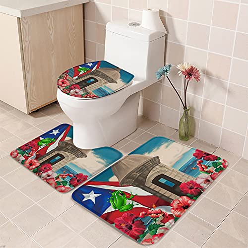 Miss Sweetheart Bath Rugs for Bathroom Set 3 Piece-Puerto Rico Flag Frog Ocean Beach,Non-Slip Memory Foam Absorbent Bath Mat Runner Rugs for Tub Shower,U-Shaped Toilet Floor Mats,Toilet Lid Cover