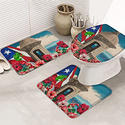 Miss Sweetheart Bath Rugs for Bathroom Set 3 Piece-Puerto Rico Flag Frog Ocean Beach,Non-Slip Memory Foam Absorbent Bath Mat Runner Rugs for Tub Shower,U-Shaped Toilet Floor Mats,Toilet Lid Cover