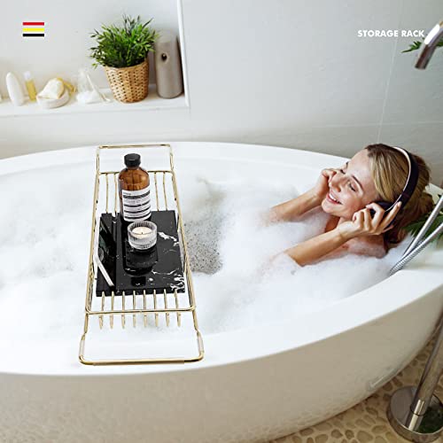 BAWOUA Bathtub Caddy Tray for Luxury Baths, Over Bathtub Racks with Marble(Black), Strong Expandable Chrome Polished Stainless Steel Brackets for Bath (Gold)