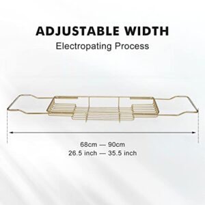 BAWOUA Bathtub Caddy Tray for Luxury Baths, Over Bathtub Racks with Marble(Black), Strong Expandable Chrome Polished Stainless Steel Brackets for Bath (Gold)