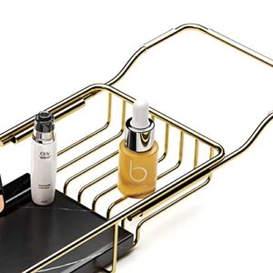 BAWOUA Bathtub Caddy Tray for Luxury Baths, Over Bathtub Racks with Marble(Black), Strong Expandable Chrome Polished Stainless Steel Brackets for Bath (Gold)