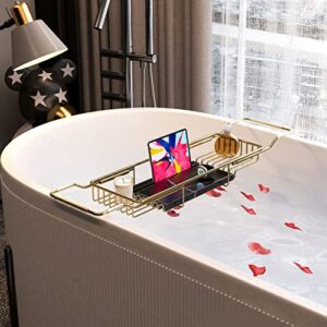 BAWOUA Bathtub Caddy Tray for Luxury Baths, Over Bathtub Racks with Marble(Black), Strong Expandable Chrome Polished Stainless Steel Brackets for Bath (Gold)