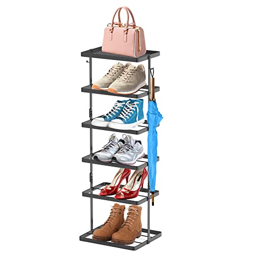 Black Vertical Narrow Shoe Shelf for Closet, 6 Tiers Space Saving Metal Shoe Rack with Hooks and Storage Shelf