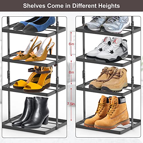 Black Vertical Narrow Shoe Shelf for Closet, 6 Tiers Space Saving Metal Shoe Rack with Hooks and Storage Shelf