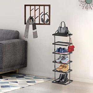 Black Vertical Narrow Shoe Shelf for Closet, 6 Tiers Space Saving Metal Shoe Rack with Hooks and Storage Shelf