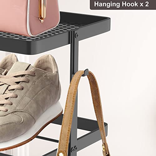 Black Vertical Narrow Shoe Shelf for Closet, 6 Tiers Space Saving Metal Shoe Rack with Hooks and Storage Shelf