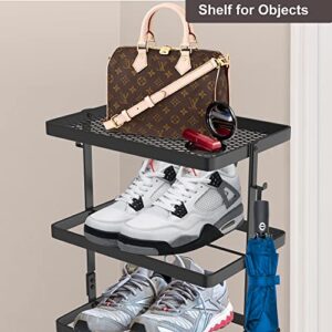 Black Vertical Narrow Shoe Shelf for Closet, 6 Tiers Space Saving Metal Shoe Rack with Hooks and Storage Shelf