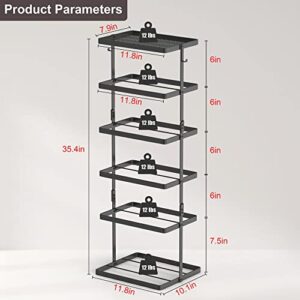 Black Vertical Narrow Shoe Shelf for Closet, 6 Tiers Space Saving Metal Shoe Rack with Hooks and Storage Shelf