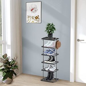 Black Vertical Narrow Shoe Shelf for Closet, 6 Tiers Space Saving Metal Shoe Rack with Hooks and Storage Shelf