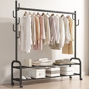 gamnof clothes rack with wheels clothing racks for hanging clothes garment rack with two shelves and 7 side hooks metal rolling rack for clothes hats bags and etc storage and organizer
