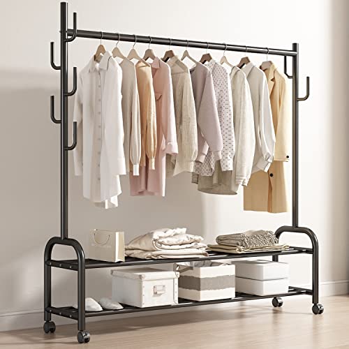 GAMNOF Clothes Rack with Wheels Clothing Racks for Hanging Clothes Garment Rack with Two Shelves and 7 Side Hooks Metal Rolling Rack for Clothes Hats Bags and etc Storage and Organizer