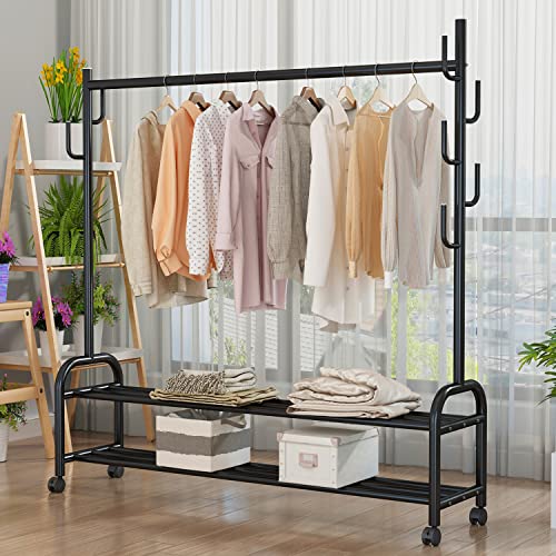 GAMNOF Clothes Rack with Wheels Clothing Racks for Hanging Clothes Garment Rack with Two Shelves and 7 Side Hooks Metal Rolling Rack for Clothes Hats Bags and etc Storage and Organizer