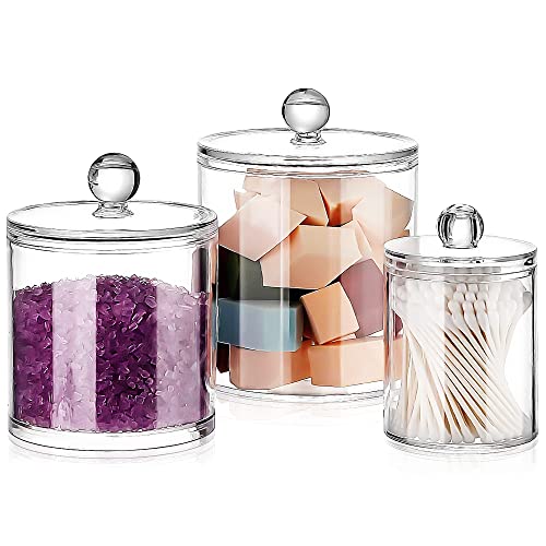 MYITYARD Plastic Apothecary Jars with lid Set, 3 Pack Clear Qtip Holder Dispenser Bathroom Organizer Canisters for Cotton Swab Floss Makeup Sponges