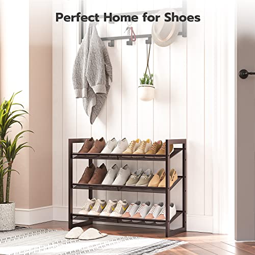 HOOBRO Metal Shoe Rack, 3 Tier Shoe Rack for Closet, Holds 9-12 Pairs of Shoes, 29.5" W x 11.6" D x 24" H, Stackable, for Entryway, Hallway, Living Room Bronze AB62XJ01