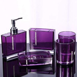bathroom accessory set,5 pcs/set acrylic brush holder/emulsion bottle/soap dish/gargle cup for home hotel (purple)
