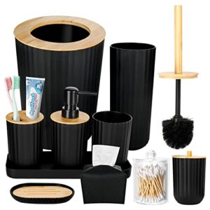 10pcs black bathroom accessories set, plastic wooden bathroom accessory set with toothbrush holder & cup, soap dispenser, soap dish, toilet brush, vanity tray, qtip holder, trash can, tissue box cover