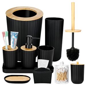 10Pcs Black Bathroom Accessories Set, Plastic Wooden Bathroom Accessory Set with Toothbrush Holder & Cup, Soap Dispenser, Soap Dish, Toilet Brush, Vanity Tray, Qtip Holder, Trash Can, Tissue Box Cover