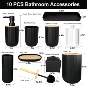 10Pcs Black Bathroom Accessories Set, Plastic Wooden Bathroom Accessory Set with Toothbrush Holder & Cup, Soap Dispenser, Soap Dish, Toilet Brush, Vanity Tray, Qtip Holder, Trash Can, Tissue Box Cover