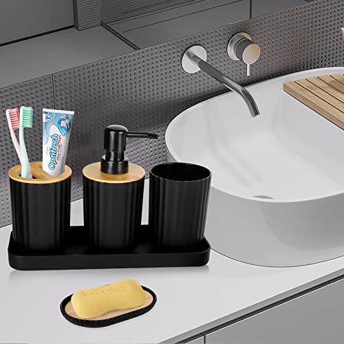 10Pcs Black Bathroom Accessories Set, Plastic Wooden Bathroom Accessory Set with Toothbrush Holder & Cup, Soap Dispenser, Soap Dish, Toilet Brush, Vanity Tray, Qtip Holder, Trash Can, Tissue Box Cover