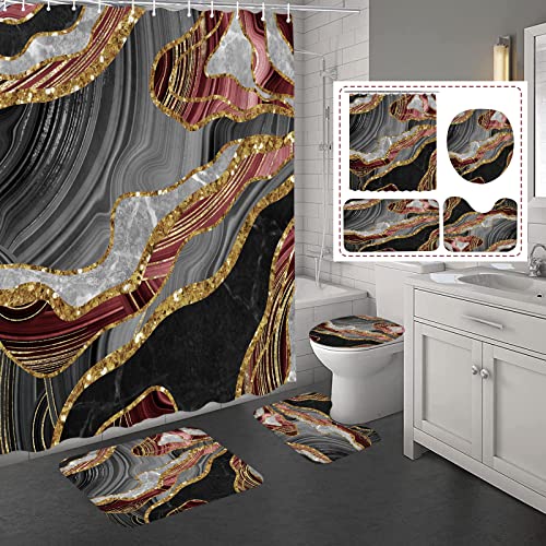 juwute Pink Marble Shower Curtain Sets with Rugs 4 Pcs, Grey Gold Abstract Ink Bathroom Sets with Shower Curtain and Rugs Accessories, Modern Shower Curtain for Bathroom Decor with 12 Hooks