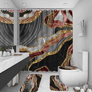 juwute Pink Marble Shower Curtain Sets with Rugs 4 Pcs, Grey Gold Abstract Ink Bathroom Sets with Shower Curtain and Rugs Accessories, Modern Shower Curtain for Bathroom Decor with 12 Hooks