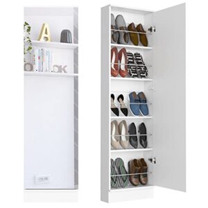 ymlpre full length mirror shoe rack, wooden standing shoe organizer, five internal shelves, one-door shoe cabinet for entryway, bedroom & hallway, 18.5”w x 7.4”d x 66.9”h, white
