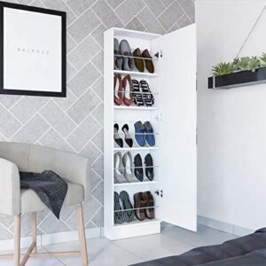 Ymlpre Full Length Mirror Shoe Rack, Wooden Standing Shoe Organizer, Five Internal Shelves, One-Door Shoe Cabinet for Entryway, Bedroom & Hallway, 18.5”W x 7.4”D x 66.9”H, White