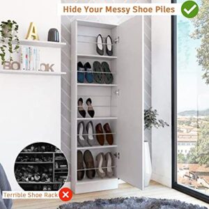 Ymlpre Full Length Mirror Shoe Rack, Wooden Standing Shoe Organizer, Five Internal Shelves, One-Door Shoe Cabinet for Entryway, Bedroom & Hallway, 18.5”W x 7.4”D x 66.9”H, White